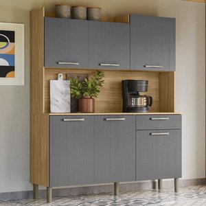 Armário de Cozinha Compacta Mdf 6 Portas 1 Gaveta Gênova Plus - Freijó/gris