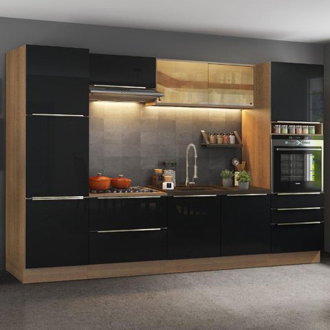 Armário de Cozinha Completa 320cm Rustic/Preto Lux Madesa 01