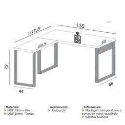 Kit 3 Peças com Escrivaninha em L 100% Mdf, Gaveteiro 3 Gavetas e Mesa Auxiliar - 12