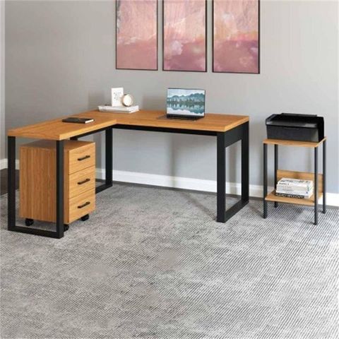 Conjunto 3 Peças com Escrivaninha em L 100% MDF, Gaveteiro 3 Gavetas e Mesa Auxiliar Industrial Freijó Preto Marrom