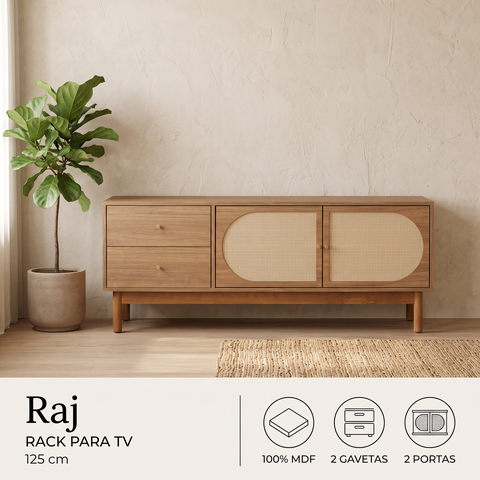 Rack Raj para TV 50 Polegadas 100% MDF 125cm 2 Portas 2 Gavetas Telinha Rattan Tauari  Casavee