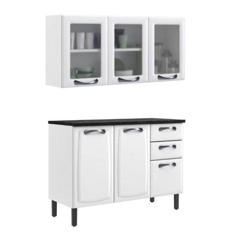 Cozinha Modulada 2 Peças Itatiaia Balcão 3 Portas e Armário Aéreo 3 Portas em Vidro Aço New