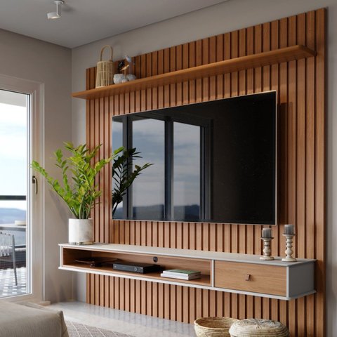 Painel Ripado para TV até 65 Polegadas MDF 160,9cmx220cm Prateleira Nicho e Gaveta Detroit
