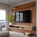 Ver imagem 1 de Painel Ripado para TV até 65 Polegadas MDF 160,9cmx250cm Prateleira Nicho e Gaveta Detroit Marrom Nature/Off White