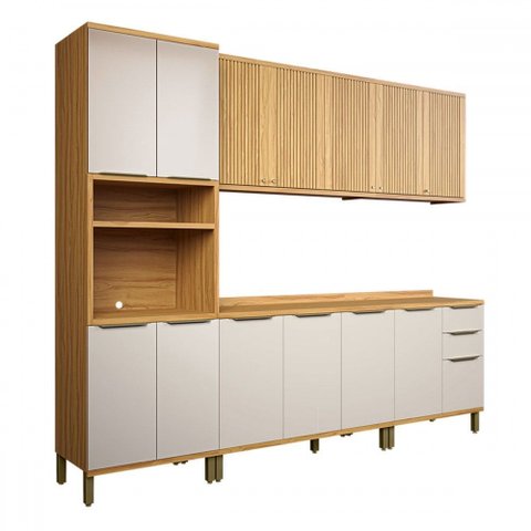 Armário de Cozinha Modulada com Balcão e Tampo 13 Portas 3 Gavetas Nice Fresado 100% Mdf Amêndoa/off
