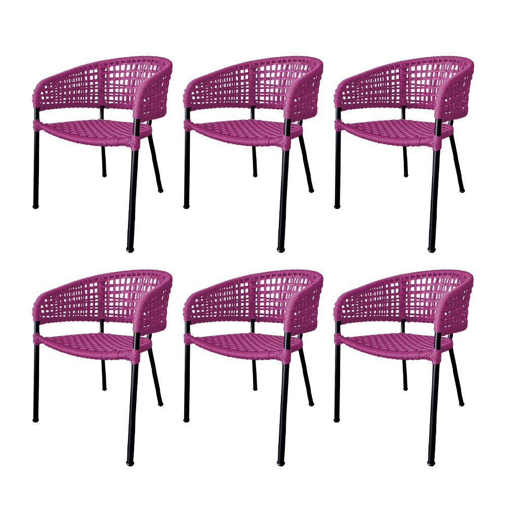 Kit 6 Cadeiras Sol Corda Náutica Base em Alumínio Preto/rosa - 1