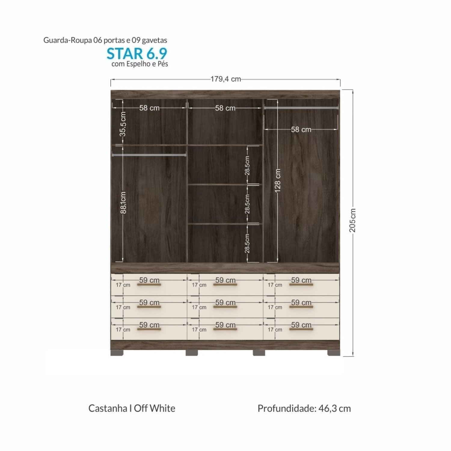 Guarda-roupa 6 Portas 9 Gavetas Star 6.9 com Espelhos e Pés - 4