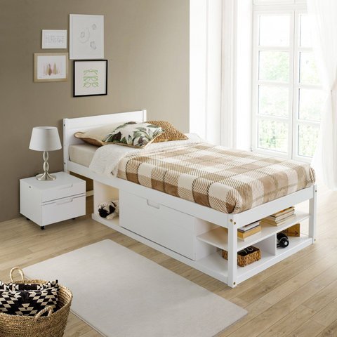 Cama Solteiro Multifuncional Madeira Maciça Irara CabeCasa MadeiraOriginals Branco/Lavado