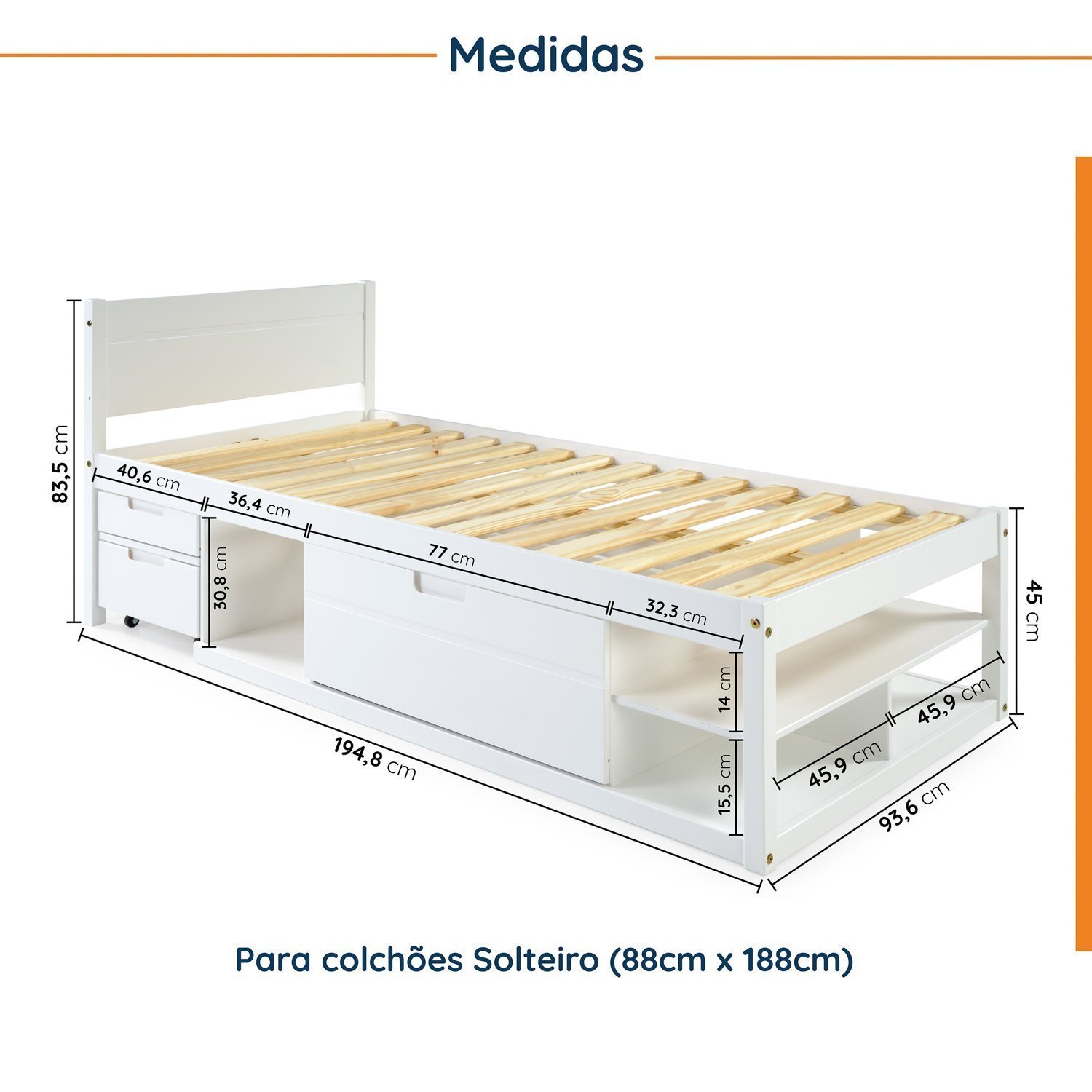 Cama Solteiro Multifuncional Madeira Maciça Irara CabeCasa MadeiraMadeira - 2