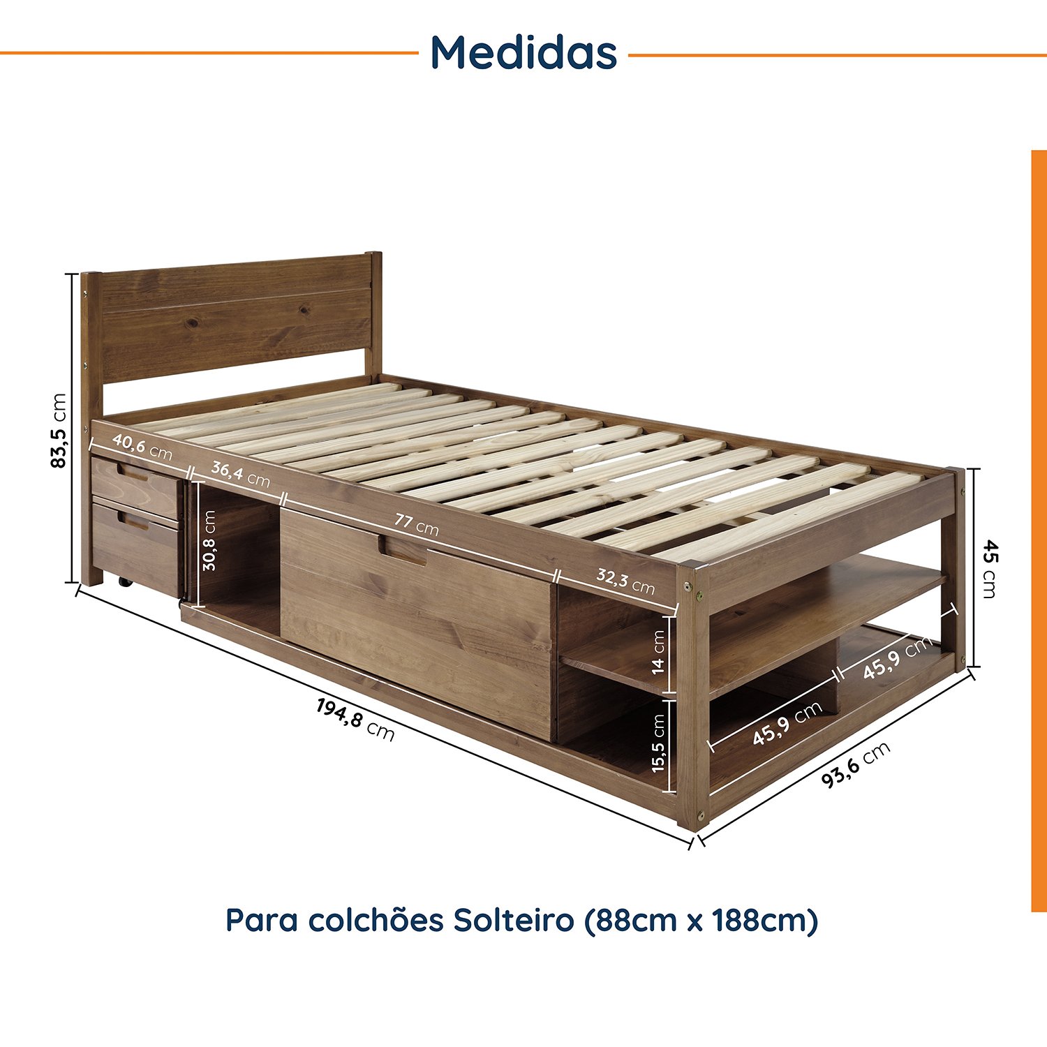 Cama Solteiro Multifuncional Madeira Maciça Irara CabeCasa MadeiraMadeira - 2