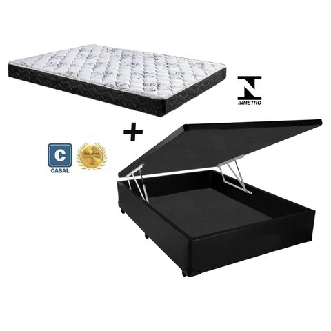 Cama Baú Casal Preto Suede + Colchão Espuma D33 138x188x16