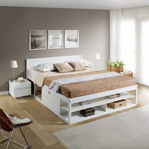 Cama Queen Multifuncional Madeira Maciça Irara CabeCasa MadeiraOriginals Branco/Lavado