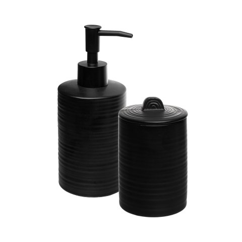 Kit Banheiro Cerâmica 2 Peças Dispenser Porta Algodão de Pia