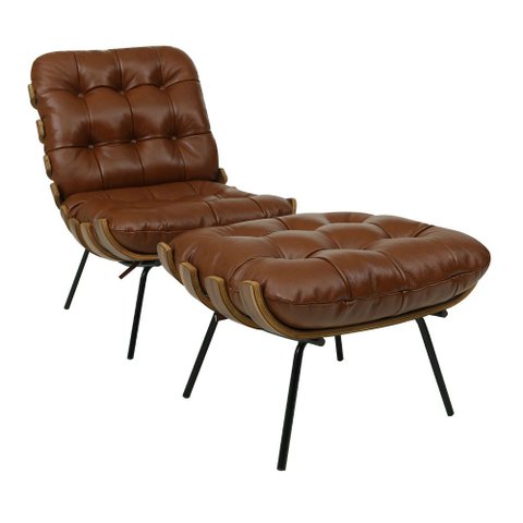 Poltrona Decorativa com Puff Laura Couro Marrom - Sallar Home