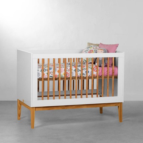 Berço Mini Cama Noah Wood com Pés Square Mel - Branco Fosco Abra Casa