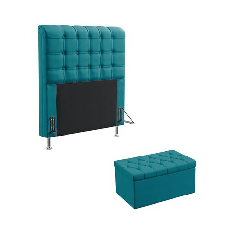 Kit Cabeceira Estofada Decorativa Rana 90 Para Cama de Solteiro e Calçadeira Sagitarius Sued Azul Tu
