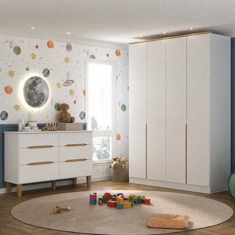 Quarto Infantil/Juvenil com Guarda-Roupa e Cômoda Sky Yescasa Branco/Olmo Italiano