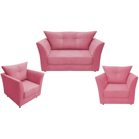 Kit Namoradeira + 2 Poltronas Decorativa Isis Suede Rosa Pés Madeira Ms Decor