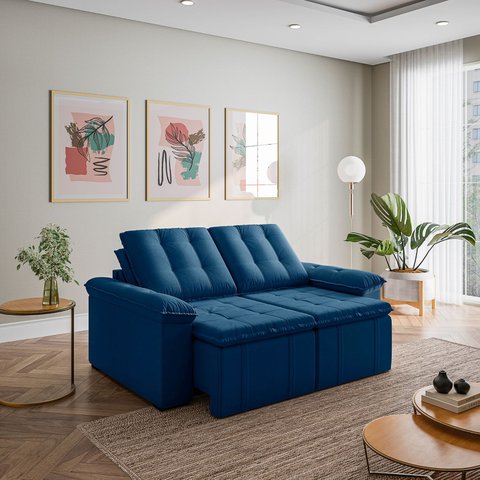 Sofá Retrátil Reclinável 2 Lugares Veludo Azul Palmeira 180cm CabeCasa MadeiraOriginals