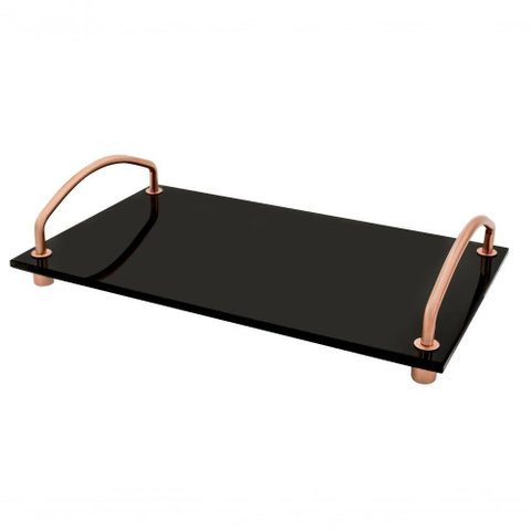 Bandeja Organizadora de Bancada Vidro Preto Alça Cobre 25x15