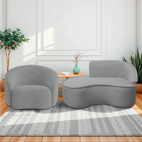 Kit Divã Recamier Orgânico Marrocos 150cm Lado Esquerdo e 1 Poltronas Amore Bouclé Cinza