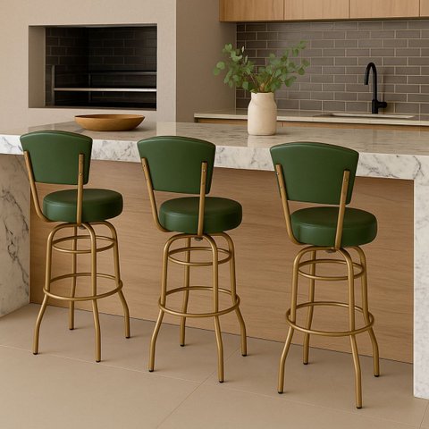 Banqueta Altura 65cm Bar Giratória com Encosto cor Dourado fosco Assento grosso Confortável Verde 3 