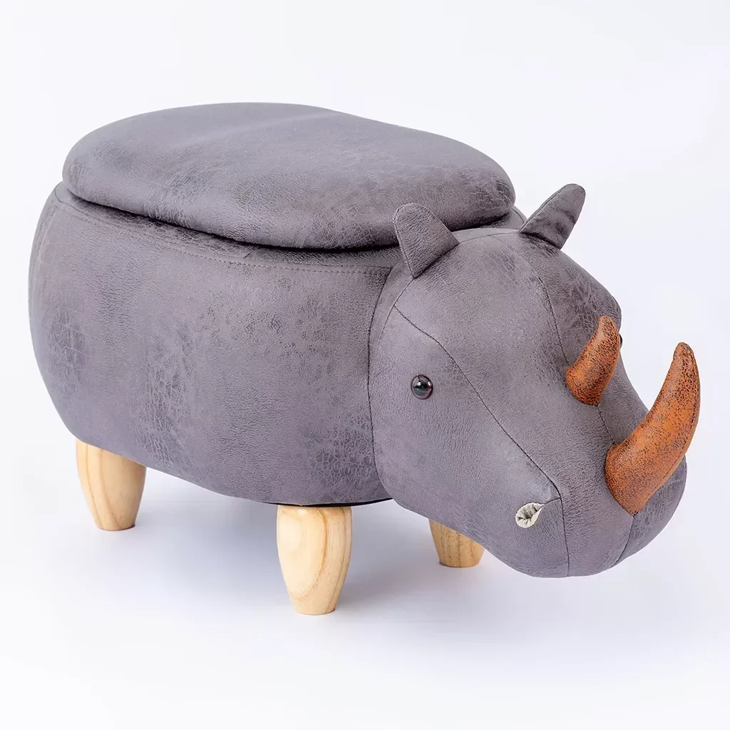 Puff Infantil Rinoceronte Couro Sintético e Madeira com Baú L63xa38xc32:com