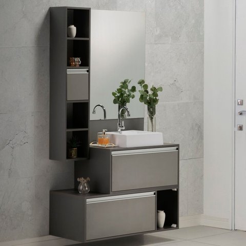 Gabinete e Espelheira 100cm Plena Superior Elite Cinza/Chumbo/Verde
