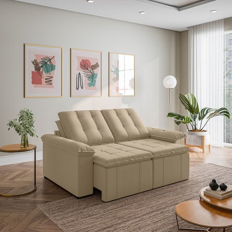 Sofá Retrátil Reclinável 3 Lugares 180cm Veludo com Molas Palmeira CabeCasa MadeiraOriginals Bege
