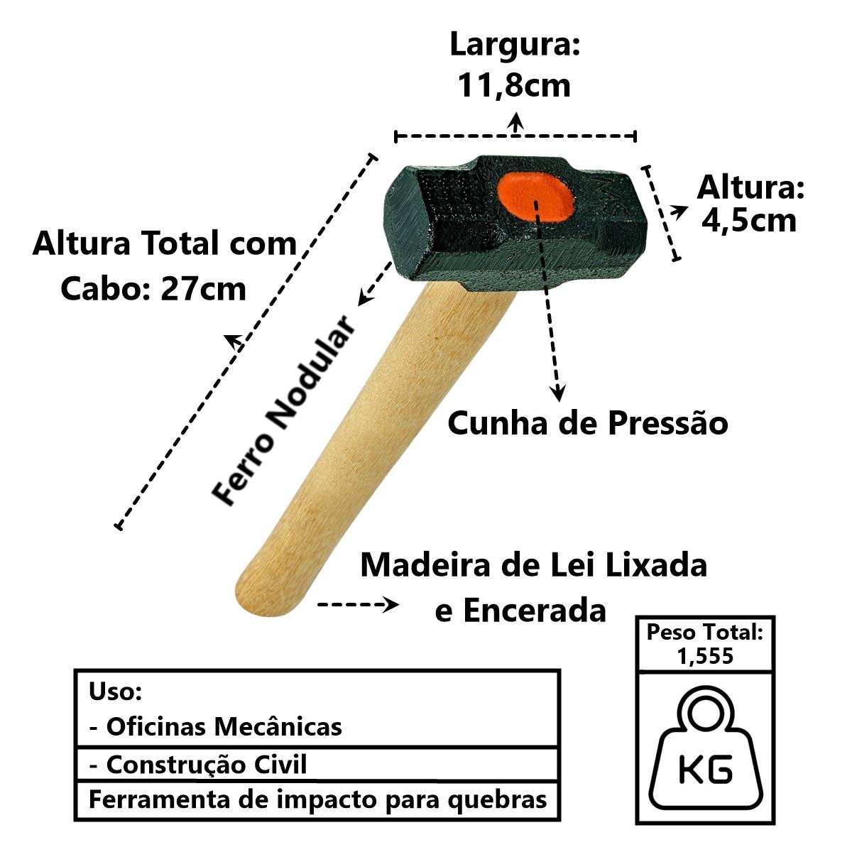 Marreta Cabo de Madeira Lixado Encerado Cunha Pressão 1500g Minasul - 4