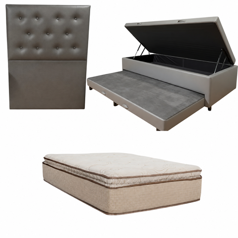 Cama Box Baú Solteiro com Auxiliar (Bicama) + Colchão Cloud Molas Ensacadas c/Pillowtop 32cm | Kit C