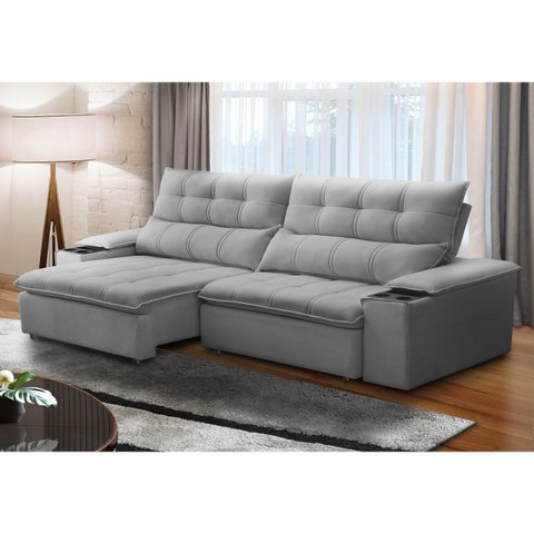 Sofá Retrátil e Reclinável 3 Lugares Veludo Prata Bulgária 230cm