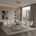 Ver imagem 1 de Conjunto Mesa de Jantar Lara 180cm Cerâmica Base Aço Carbono Bronze com 8 Cadeiras em Linho Cru
