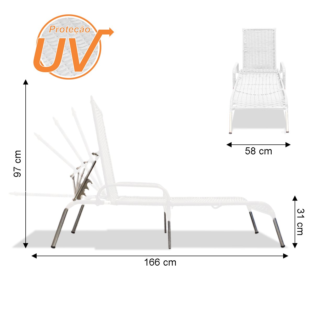 Kit 2 Espreguiçadeiras Reclinável Alumínio Madrid Branca com Mesa de Centro - 5