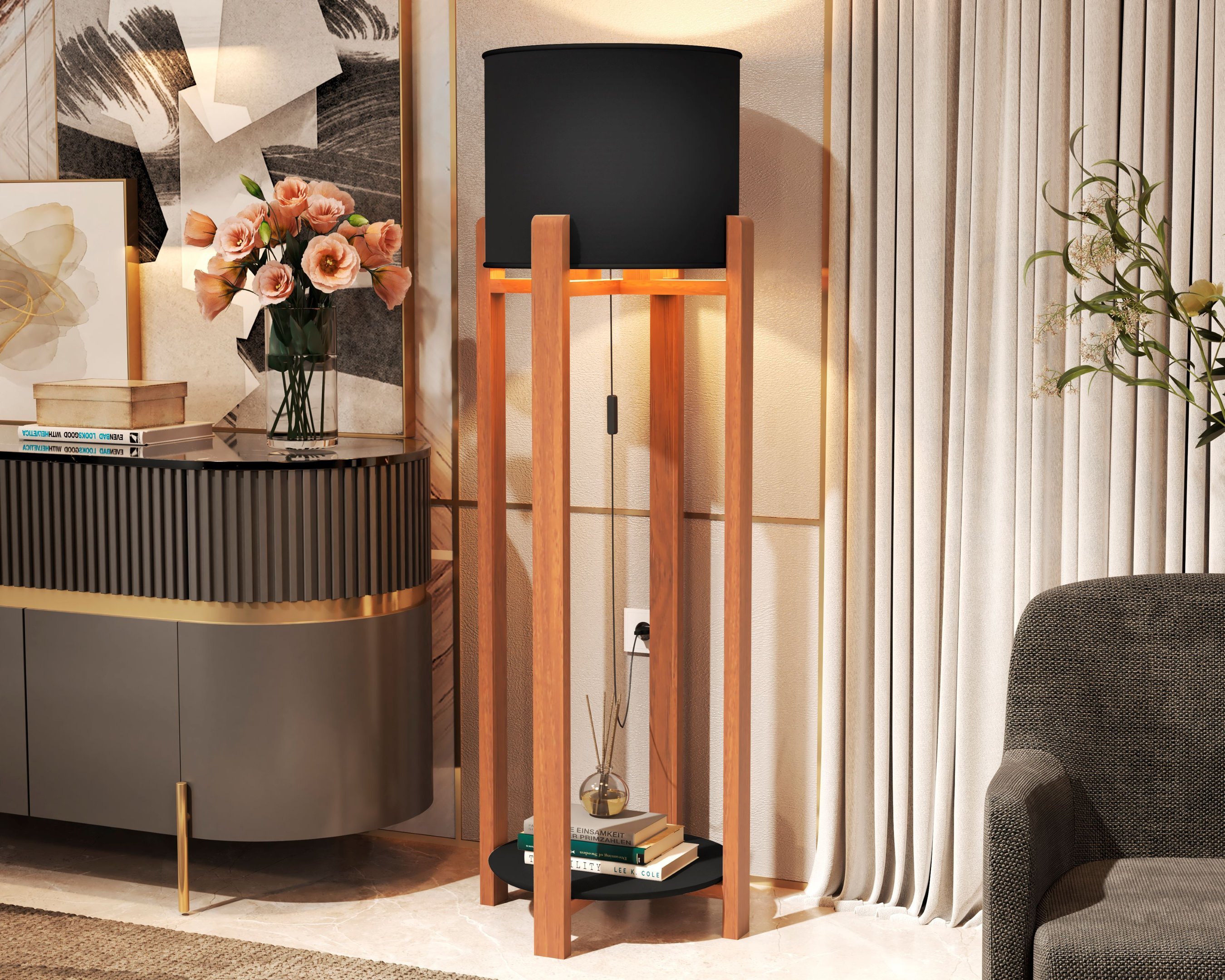 Luminária Abajur de Chão com Mesinha Moderna Austriapreto MadeiraMadeira