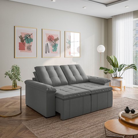 Sofá Retrátil e Reclinável 2 Lugares Veludo Cinza Palmeira 180cm CabeCasa MadeiraOriginals