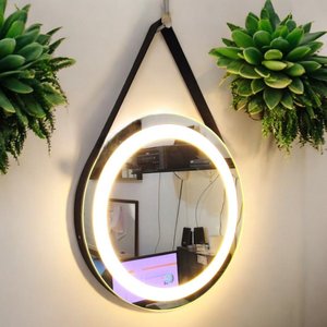 Espelho Redondo com Led 3 Cores 80 Cm com Alça Marrom Touch Screen Pendurar Parede Cinto Adnet