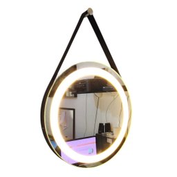 Espelho Redondo com Led 3 Cores 80 Cm com Alça Marrom Touch Screen Pendurar Parede Cinto Adnet - 3