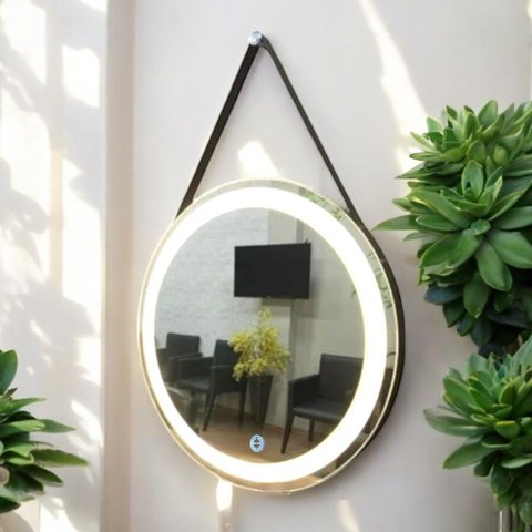 Espelho 4mm Redondo com Led 3 Cores 70 Cm com Alça Marrom Touch Screen Pendurar Parede Cinto Adnet