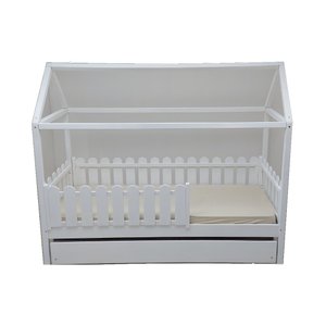 Bicama Solteiro Casinha Montessoriana Madeira Maciça Pinus - Branco - Grade Cercadinho Completa