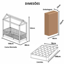Bicama Solteiro Casinha Montessoriana Madeira Maciça Pinus - Branco - Grade Cercadinho Completa - 2