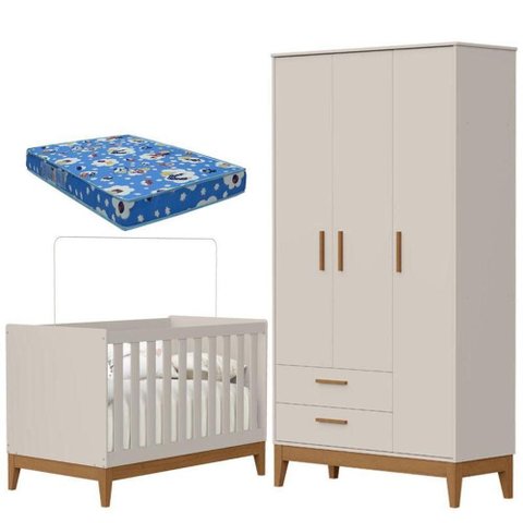 Guarda Roupa Infantil 3 Portas com Berço Americano Flip Areia Acetinado com Colchão Ortobom -