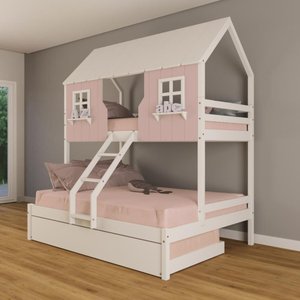 Treliche Casal/ Solteiro Casinha Encantada Madeira Maciça Rosa/ Branco Housin