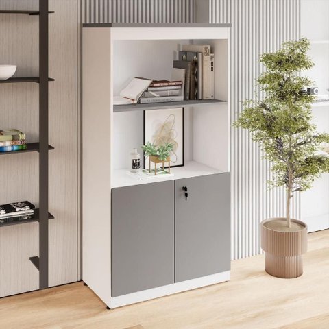 Estante Armário para Escritório 2 Portas com Chave 1 Prateleira MDP 80cm Cinza Sagrado F5 Office