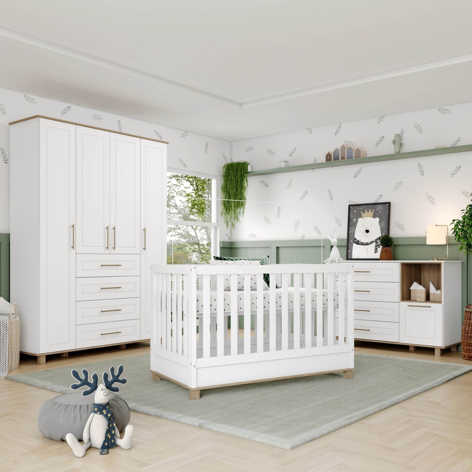 Quarto de Bebê com Berço Minicama Mimo e Guarda Roupa 4 portas e 4 gavetas  Casinha Permobili Branco/Nature - Branco/Nature Casinha