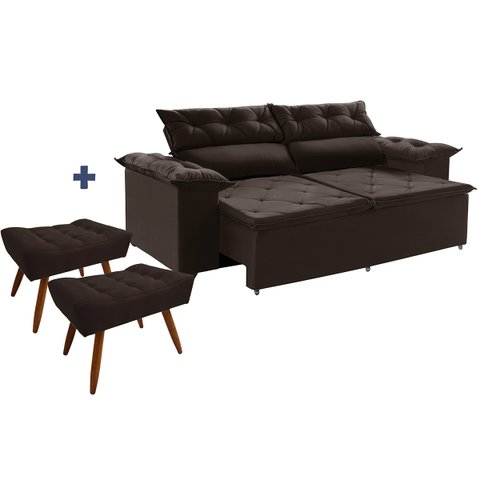 Sofá Compact 200cm Retrátil, Reclinável com Molas Espirais - Incluso 2 Puffs com Pés Palito