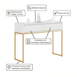 Aparador Moderno Estilo Industrial com Base Metal 2 Gavetas - Branco Dourado - 2