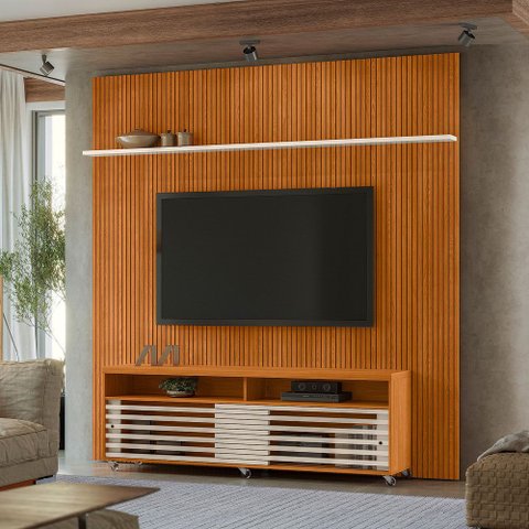 Painel Tv 75 Pol 238cm Ripado Kalven com Rack Bancada Nerion Cinamomo/off White M20 - D’Rossi
