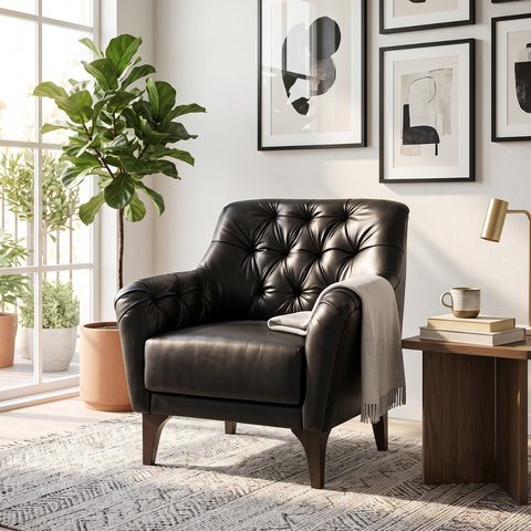 Poltrona Decorativa Tecido Sintético Preto com Tachas e Pés de Madeira Maciça Shaula Harmônica