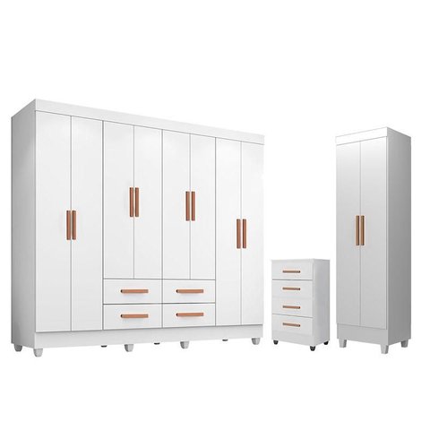 Guarda Roupa Casal Porto 8 Portas com Cômoda 4 Gavetas e Armário Multiuso Lite Branco Brilho – Leão